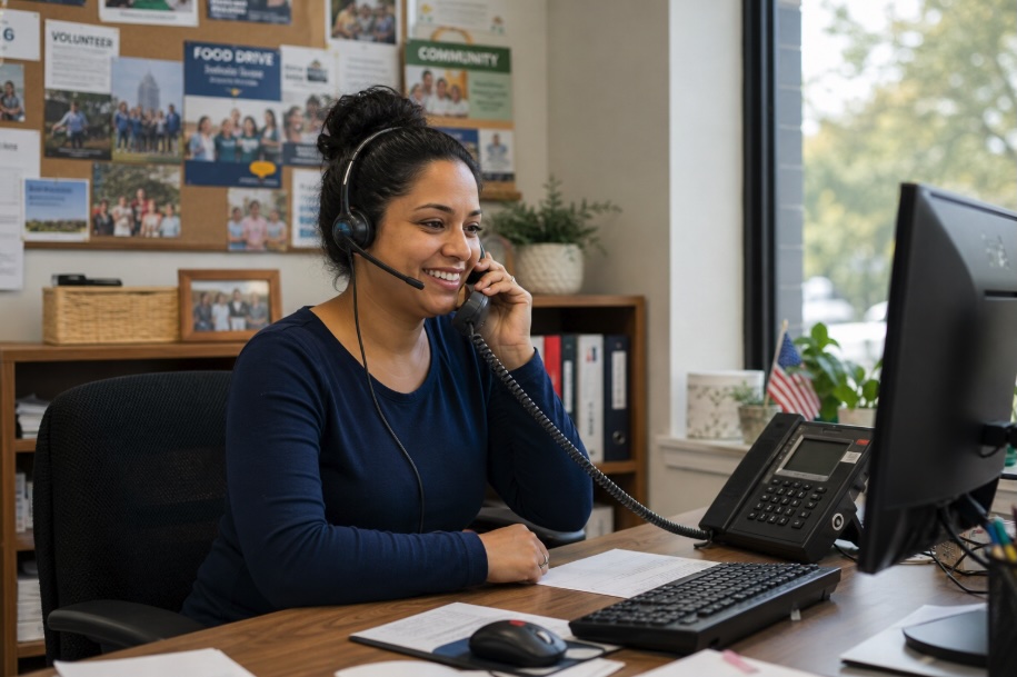 A smiling staff member wearing a headset speaks on a desk phone in a small nonprofit office, seated at a tidy desk with a computer. Behind them, a community bulletin board with flyers is visible, and natural light streams in through a nearby window, creating a warm and welcoming atmosphere.