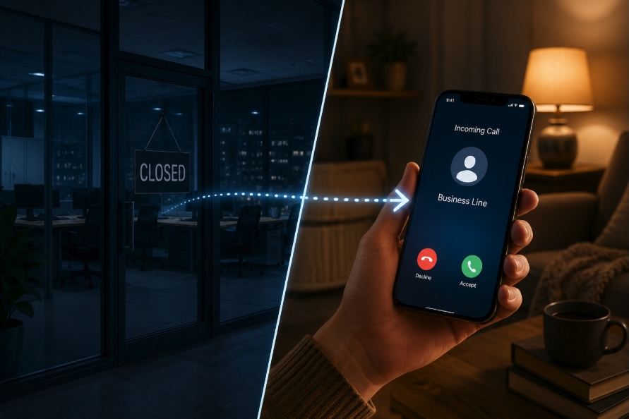 Split scene showing a closed business office at night with calls being automatically forwarded to a mobile phone