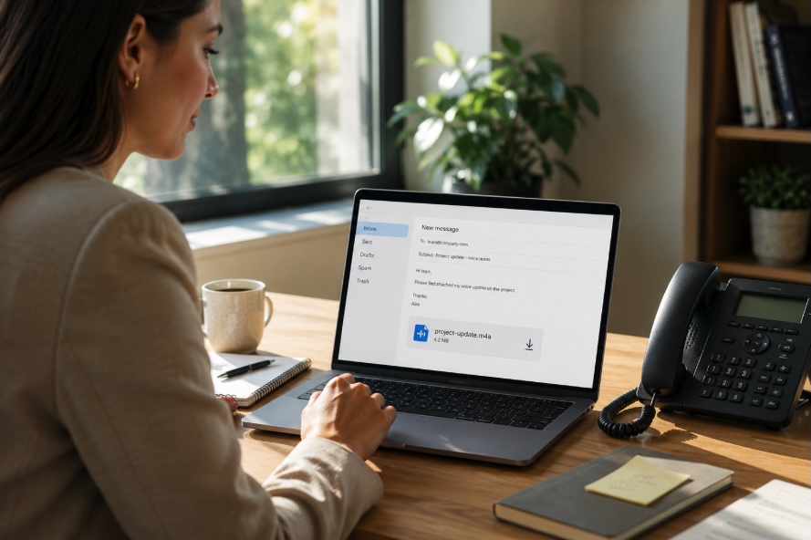 Business professional checking a voicemail to email notification on a laptop at an office desk