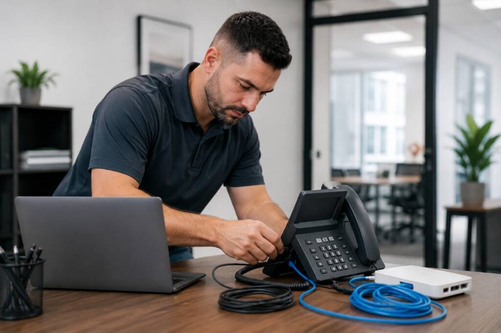 Technician installing a VoIP business phone system for a referred client