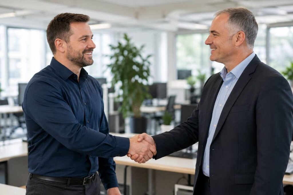 Two business affiliate partners shaking hands after a successful client referral