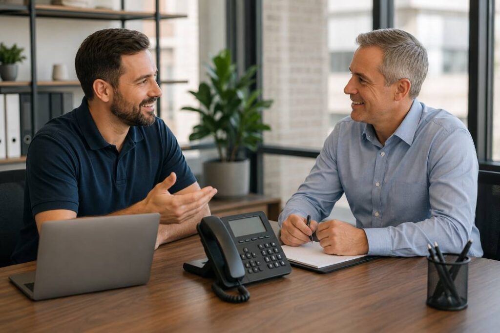 IT company representative and AmeriTel team discussing a client referral