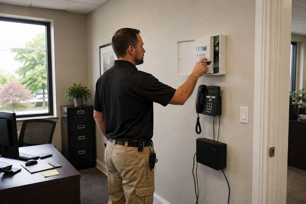 Office worker reviewing phone and alarm equipment connected to a business line