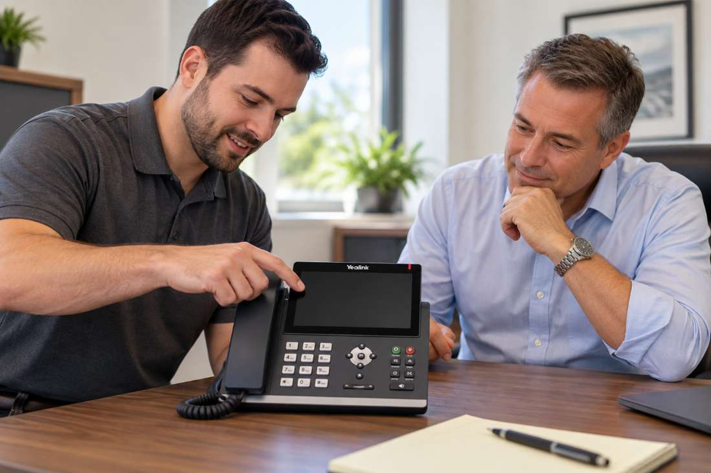Local technician installing a VoIP desk phone for a small business in Ocean County, NJ